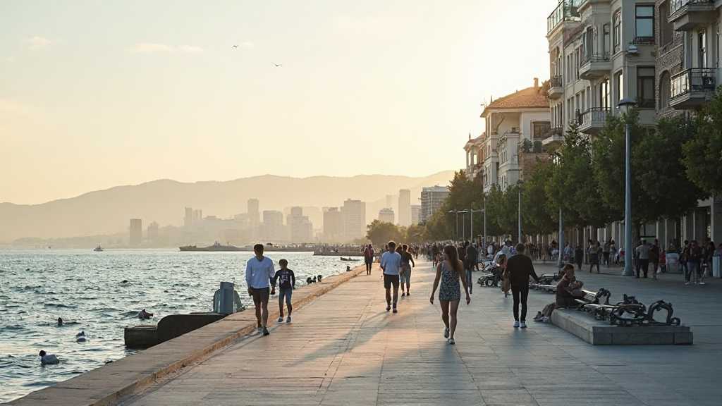 İzmir Kordon sahilinde yürüyüş yapan insanlar ve sakin deniz manzarası