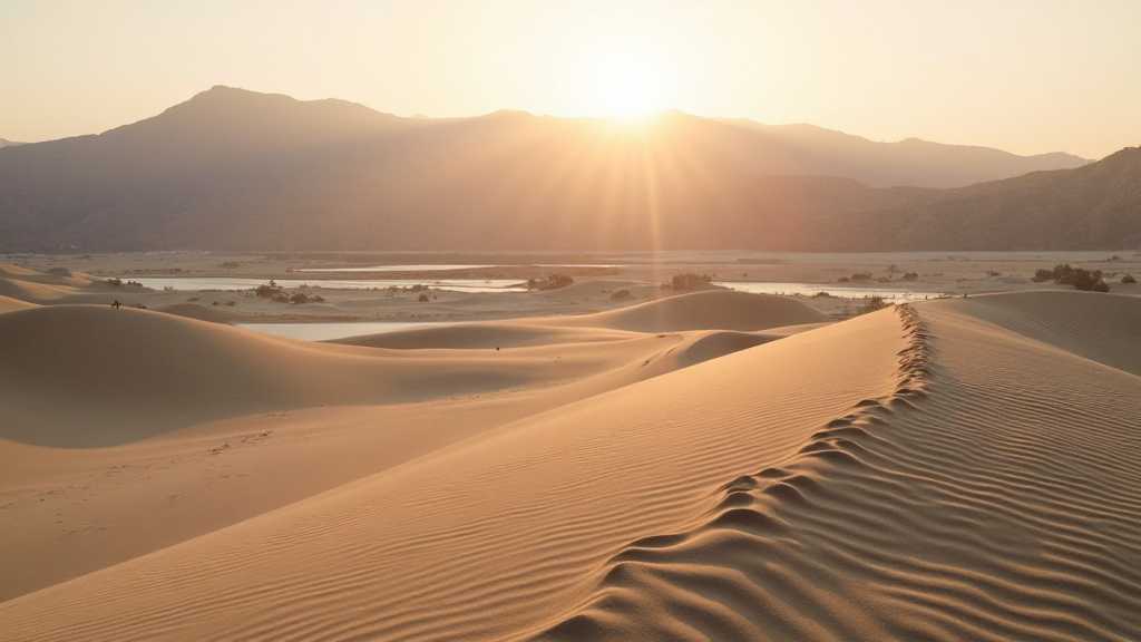 Altın saatte lagün yanında rüzgâr izli kumullar ve uzaktaki dağlar