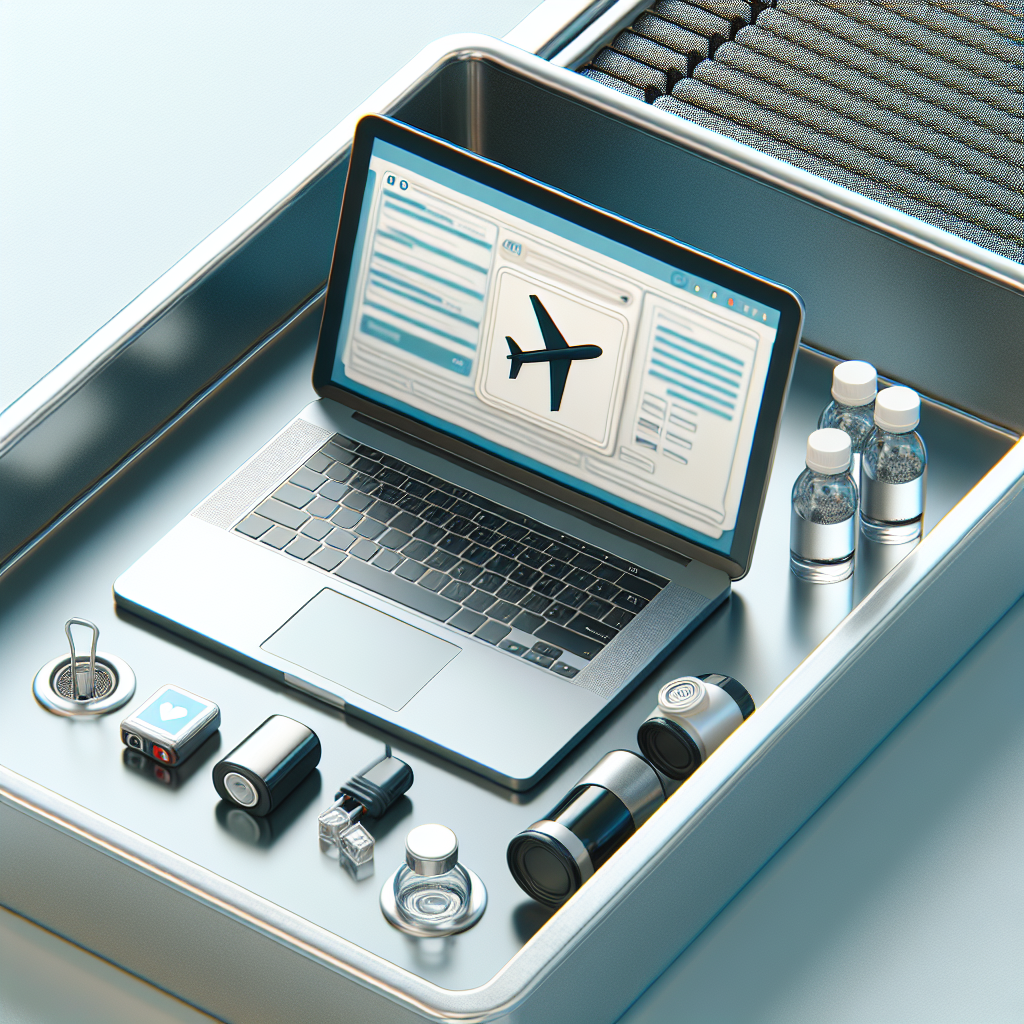 Güvenlik kontrol tepsisinde laptop ve seyahat boy sıvılar