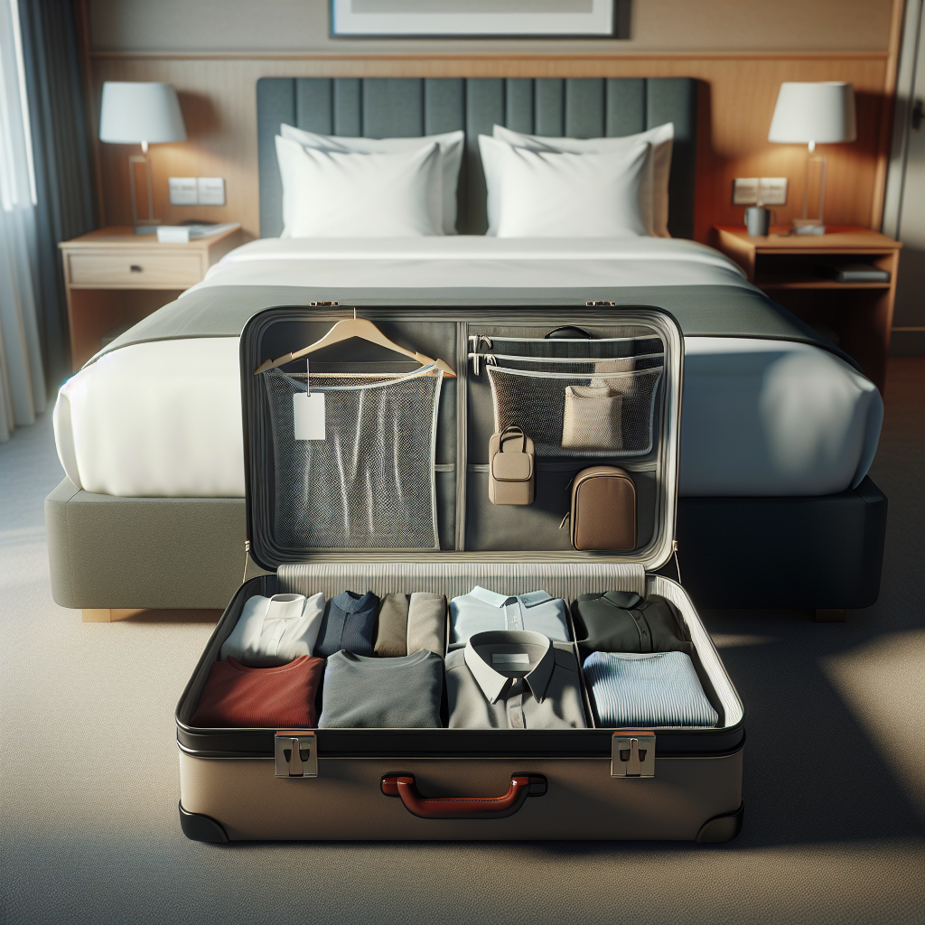 Yatak üzerinde açık valizde düzenli paketlenmiş kıyafetler