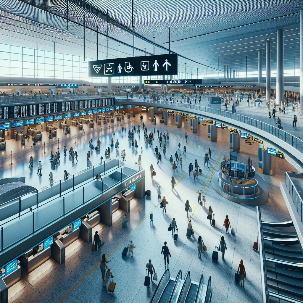 Uluslararası havalimanında check-in alanı ve yolcular