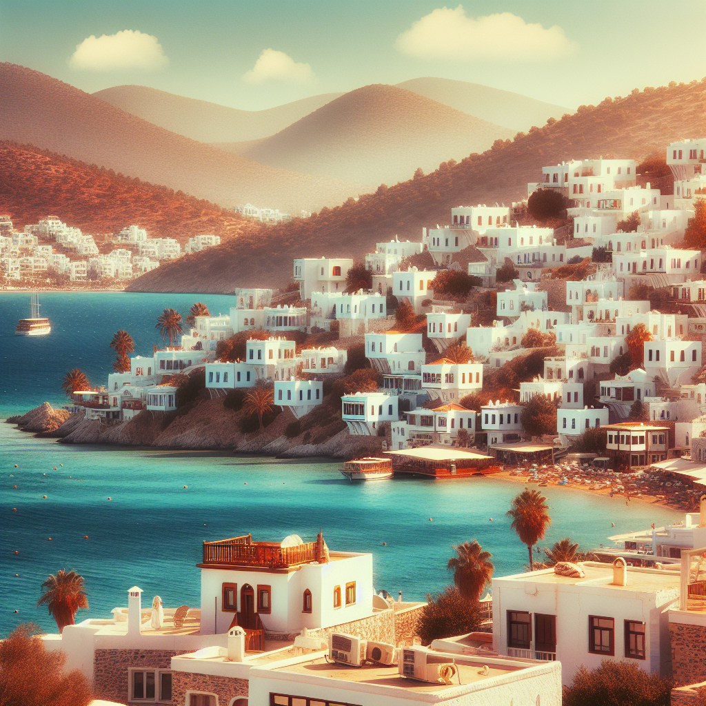 Ege kıyısında beyaz evler ve mavi deniz manzarası