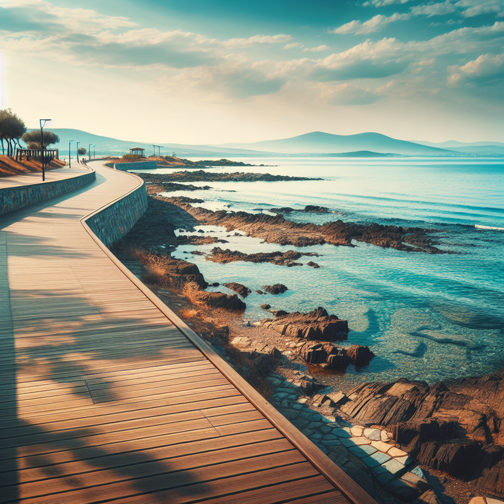 Çanakkale Boğazı kıyısında sahil yürüyüş yolu ve deniz manzarası