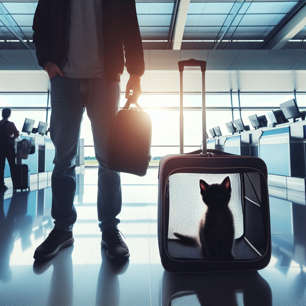 Havalimanında taşıma çantasıyla check-in yapan yolcu ve evcil hayvan