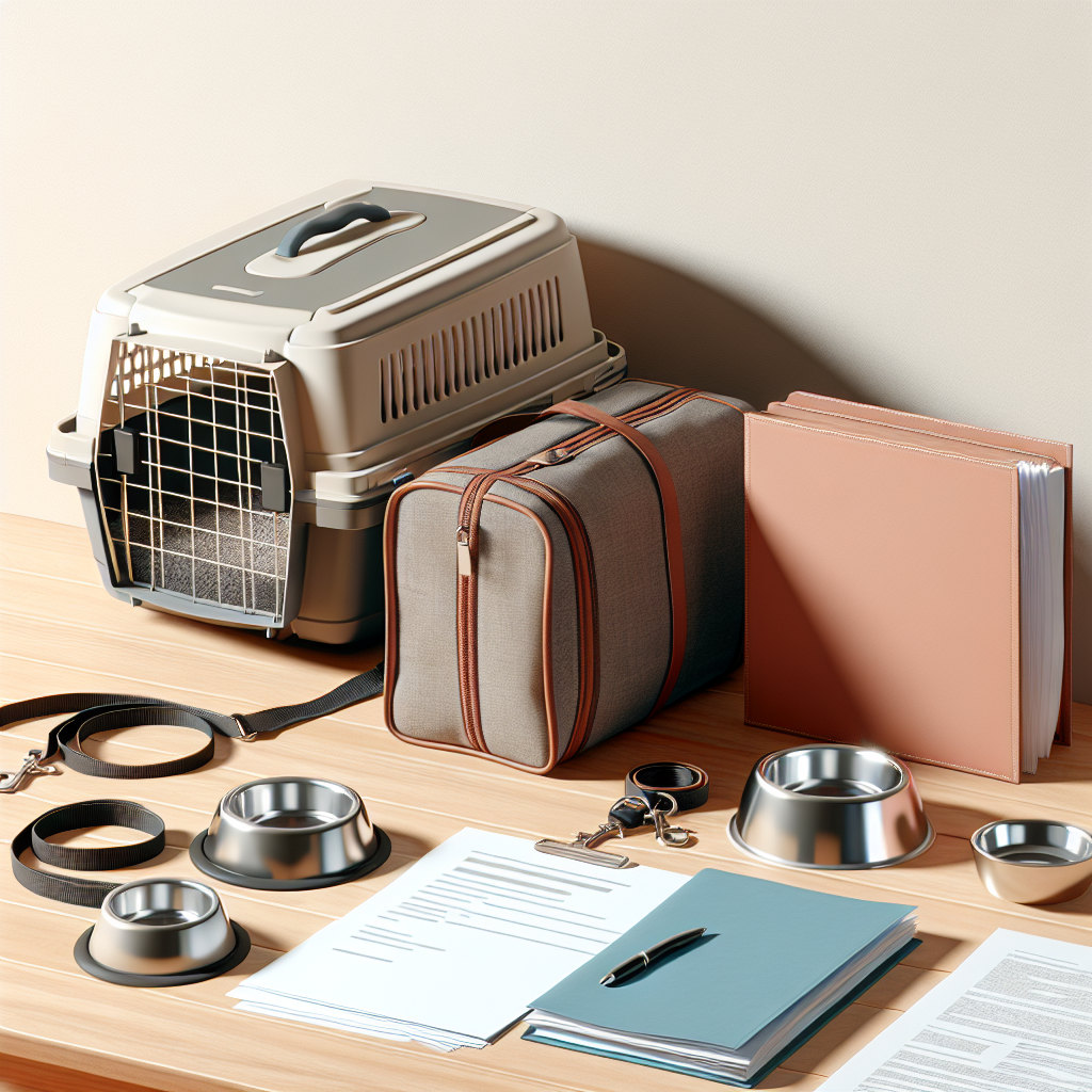 Evcil hayvanla uçuş için masada düzenlenmiş seyahat eşyaları ve evrak dosyası