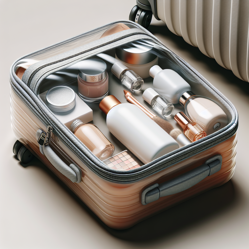 Şeffaf poşet içinde seyahat boy sıvı ürünler ve yanında kabin bagajı