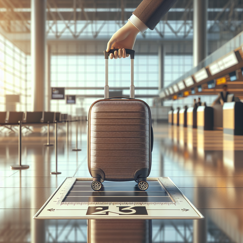 Havalimanında kabin bagajı ölçüm şablonunda kontrol edilen tekerlekli valiz