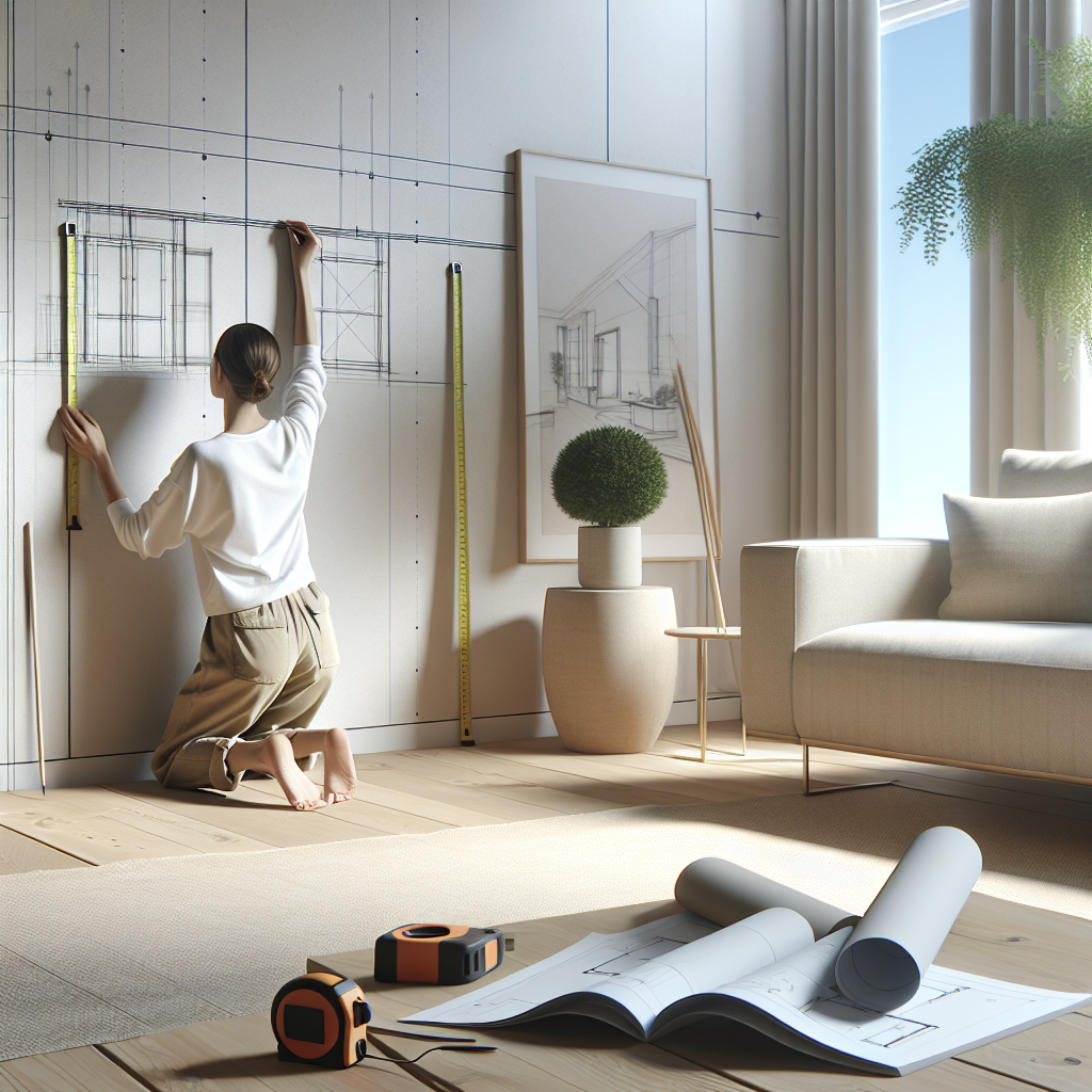 Salon ölçüsü alan kişinin ölçü şeridiyle yerleşim planı hazırlaması