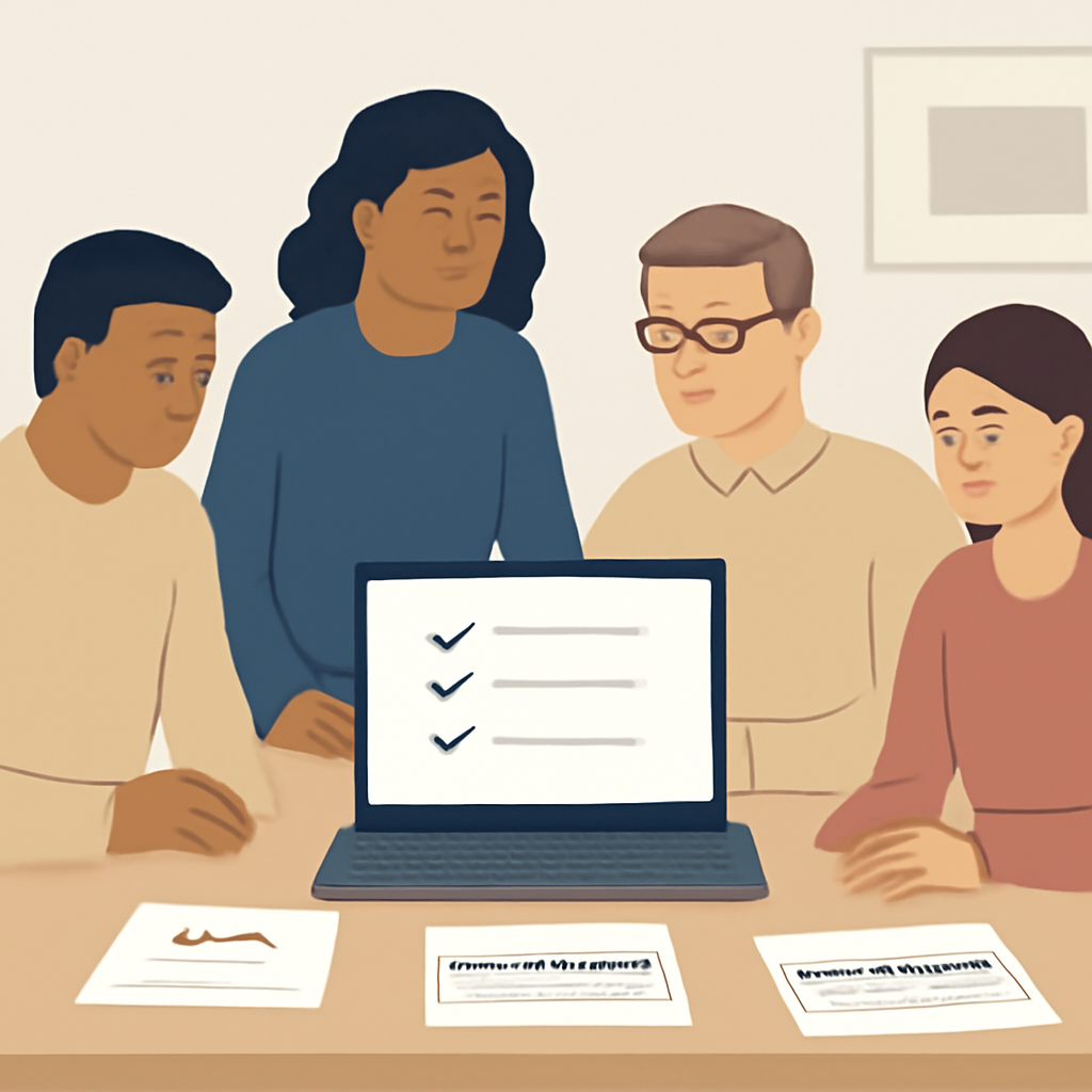 Create a neutral, safe-for-work illustration of a small SaaS team (3-4 people) reviewing a laptop with a simple checklis