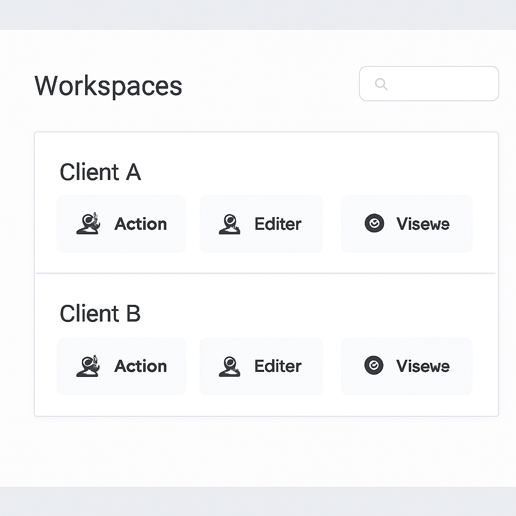 SFW, neutral illustration of a workspace-based SaaS interface: multiple labeled workspaces (e.g., 'Client A', 'Client B'