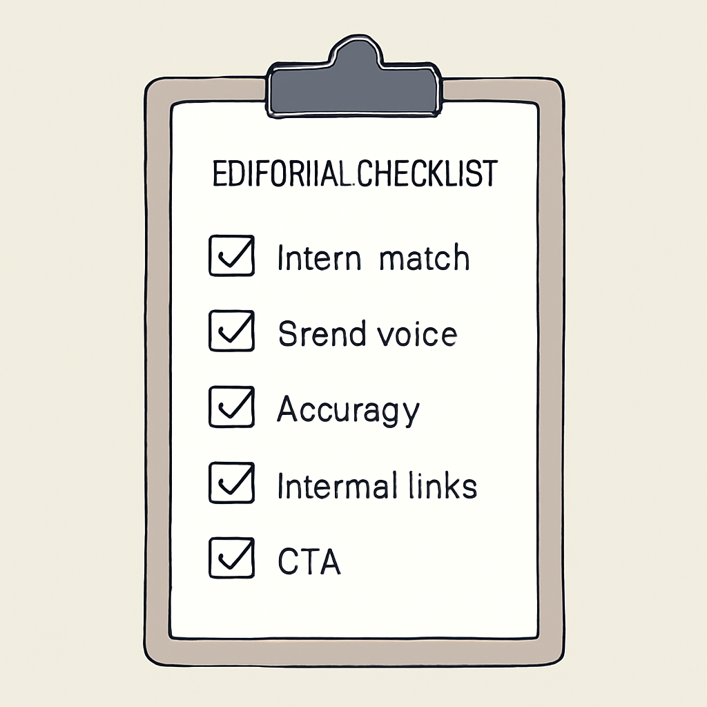 Create a minimal editorial checklist illustration on a clipboard. Show a few checkboxes labeled: Intent match, Brand voi