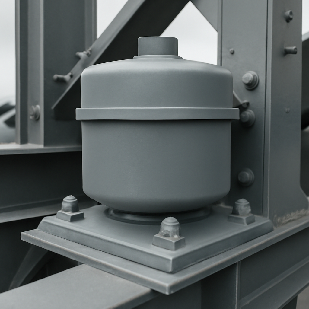 Photorealistic close-up of a bridge vibration control device (such as a viscous damper or tuned mass damper housing) mou