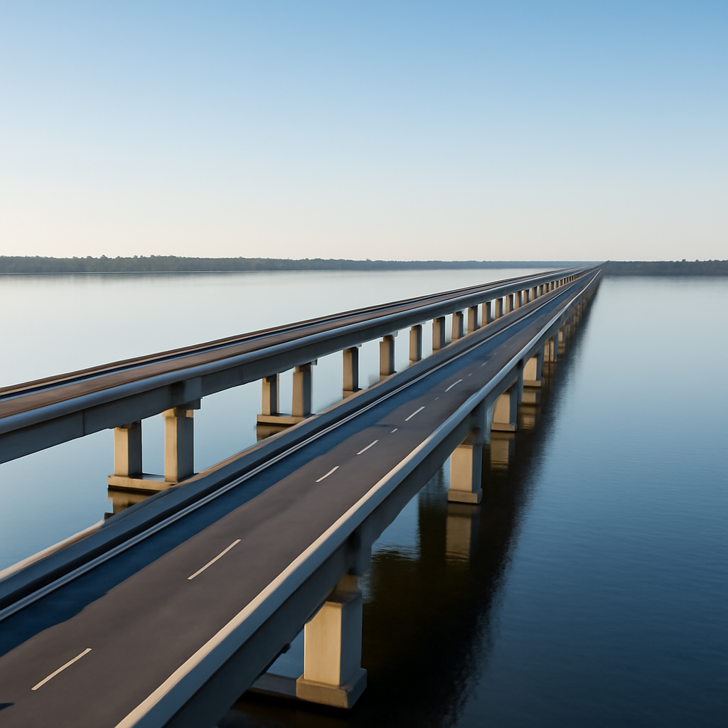 Photorealistic, copyright-safe image of a long bridge/causeway crossing a large calm lake with two parallel roadway span