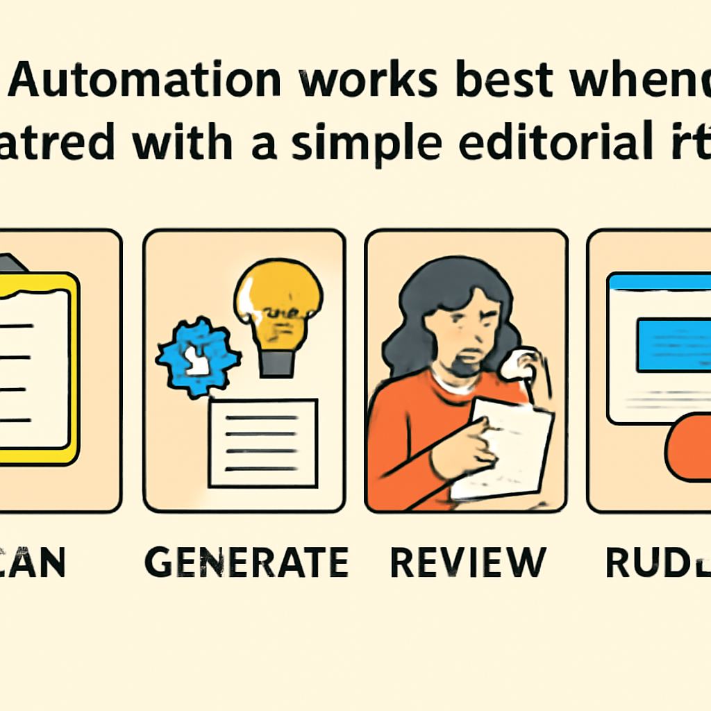 Automation works best when paired with a simple editorial rhythm: plan, generate, review, publish.