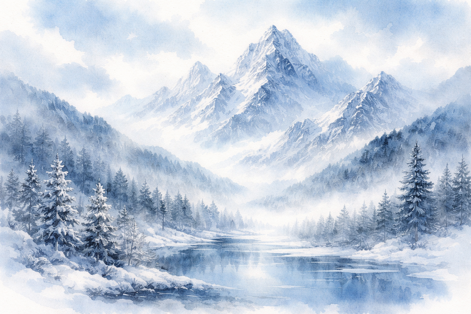 Watercolor-style snowy mountains